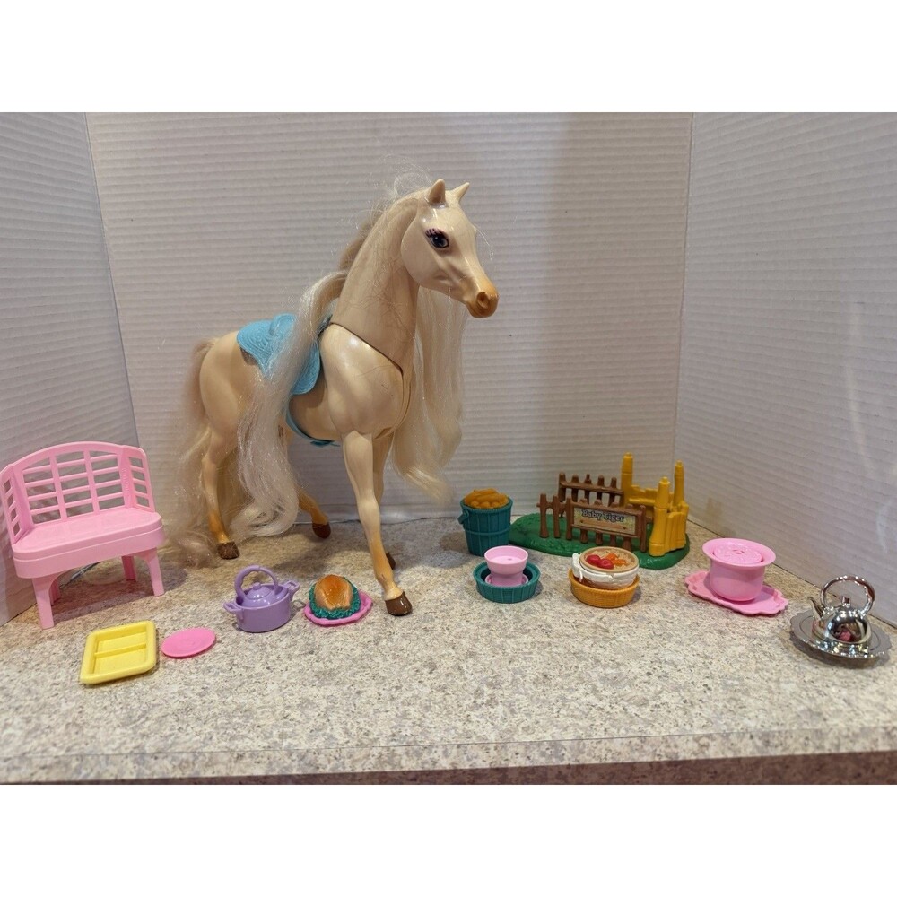 Our Generation Posable White Horse Blue Saddle Pad + Tea Set Toy Lot